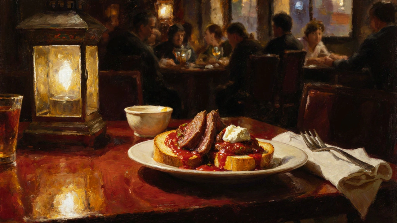 A plate of İskender kebab with lamb, tomato sauce, and yogurt is served under warm lantern light in Üsküdar.