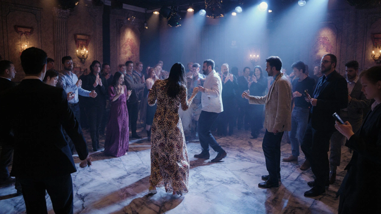 A quiet crowd swaying to Turkish electronic music, lit by ambient pulsing lights in a refined club setting.