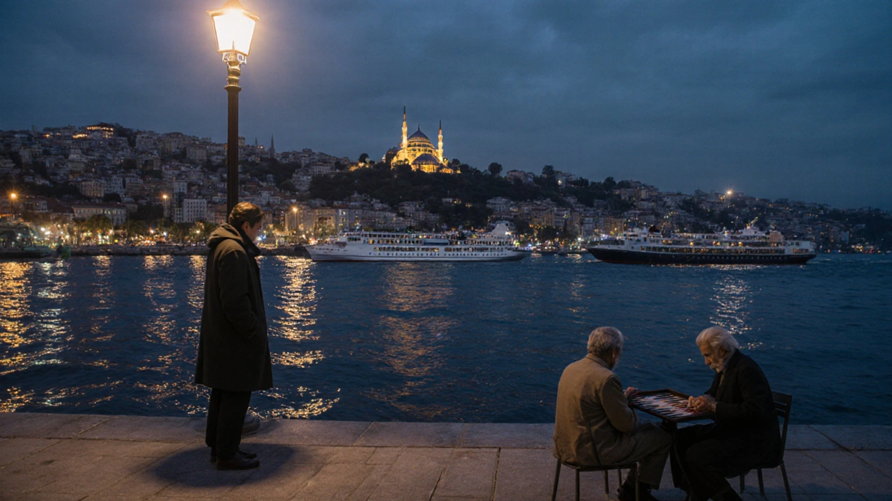 A quiet walk along the Bosphorus shore at night with ferries gliding and city lights reflecting.