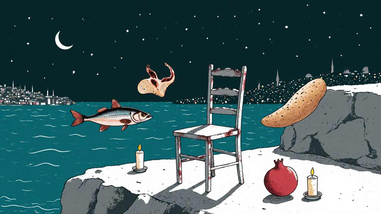 A single chair on a cliffside terrace with floating symbols of Istanbul’s outdoor dining tradition.