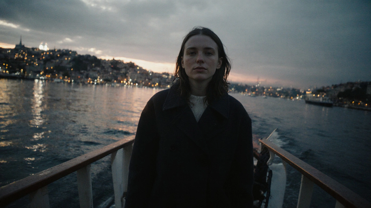 A solitary figure on a quiet Bosphorus ferry at dawn, city lights shimmering on the water.