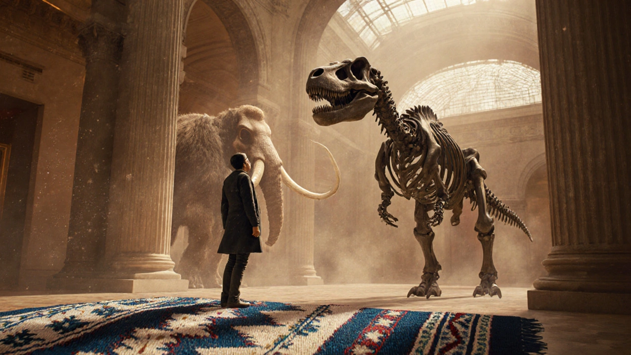 A traveler in the Smithsonian&#039;s Fossil Hall gazing up at a T. rex skeleton beside a woolly mammoth.