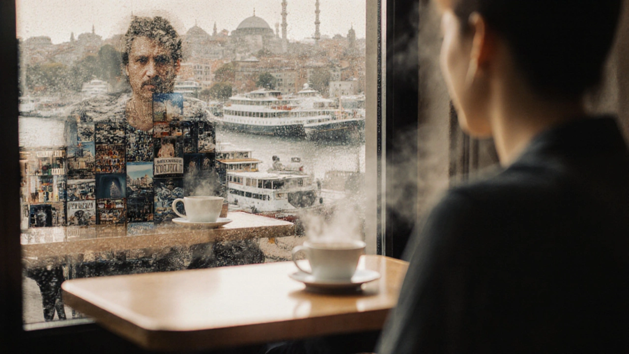 A traveler sits at a cafe, their reflection showing Istanbul’s hidden landmarks, symbolizing meaningful local discovery.