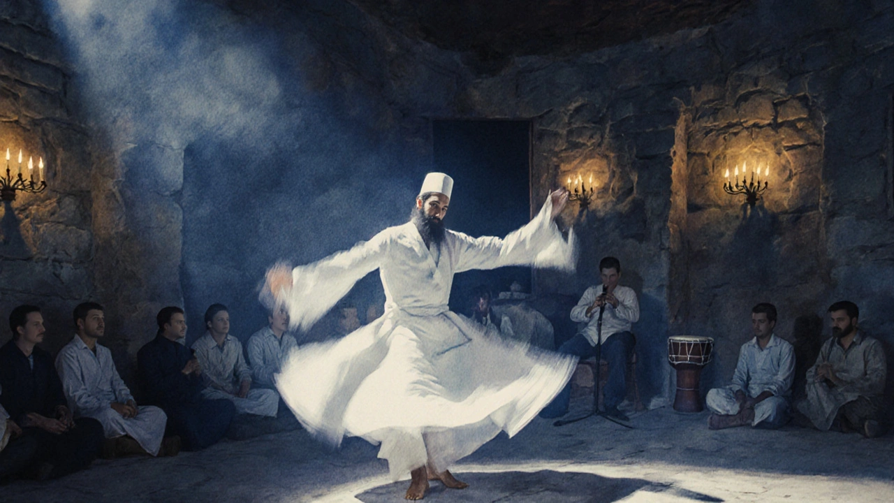 A Whirling Dervish spins in a dimly lit Sufi lodge, robes flaring as candlelight glows softly around them.