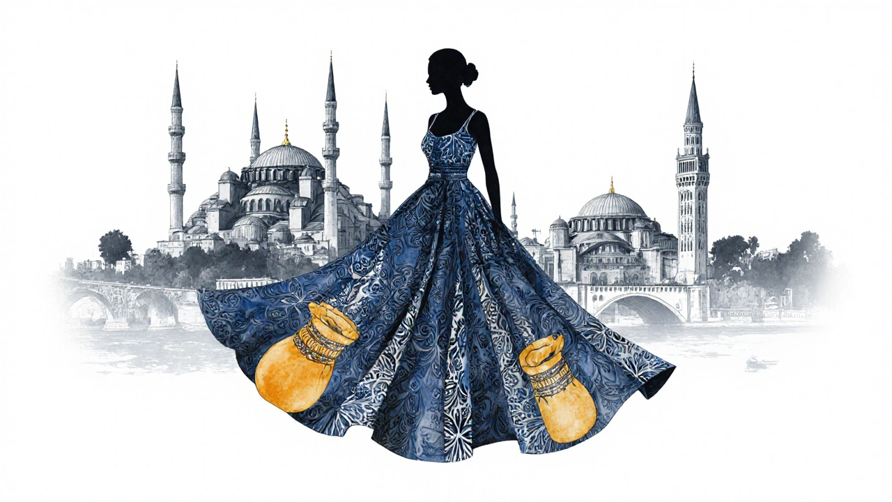A woman&#039;s dress made of Istanbul’s landmarks, blending city and culture in watercolor tones.