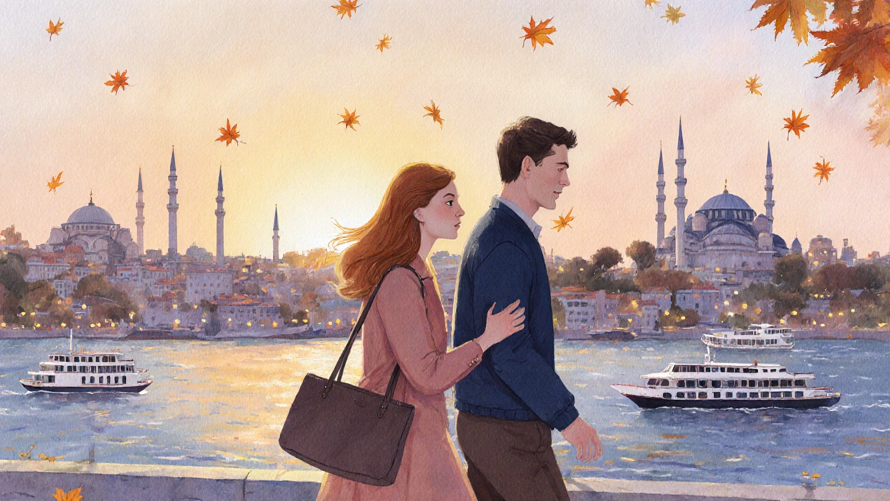 A woman and man walking along the Bosphorus at sunset, sharing a quiet moment.