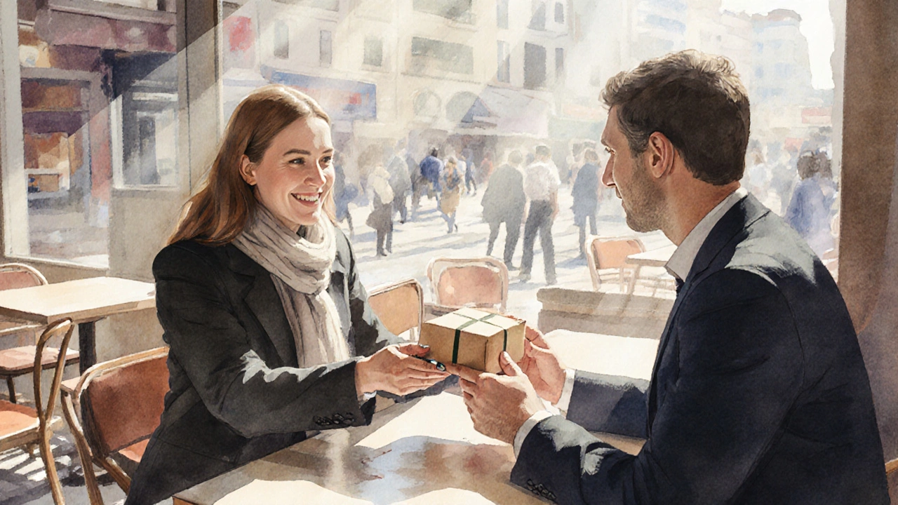A woman giving a thoughtful gift to a traveler in a sunlit Istanbul café, morning light streaming in.