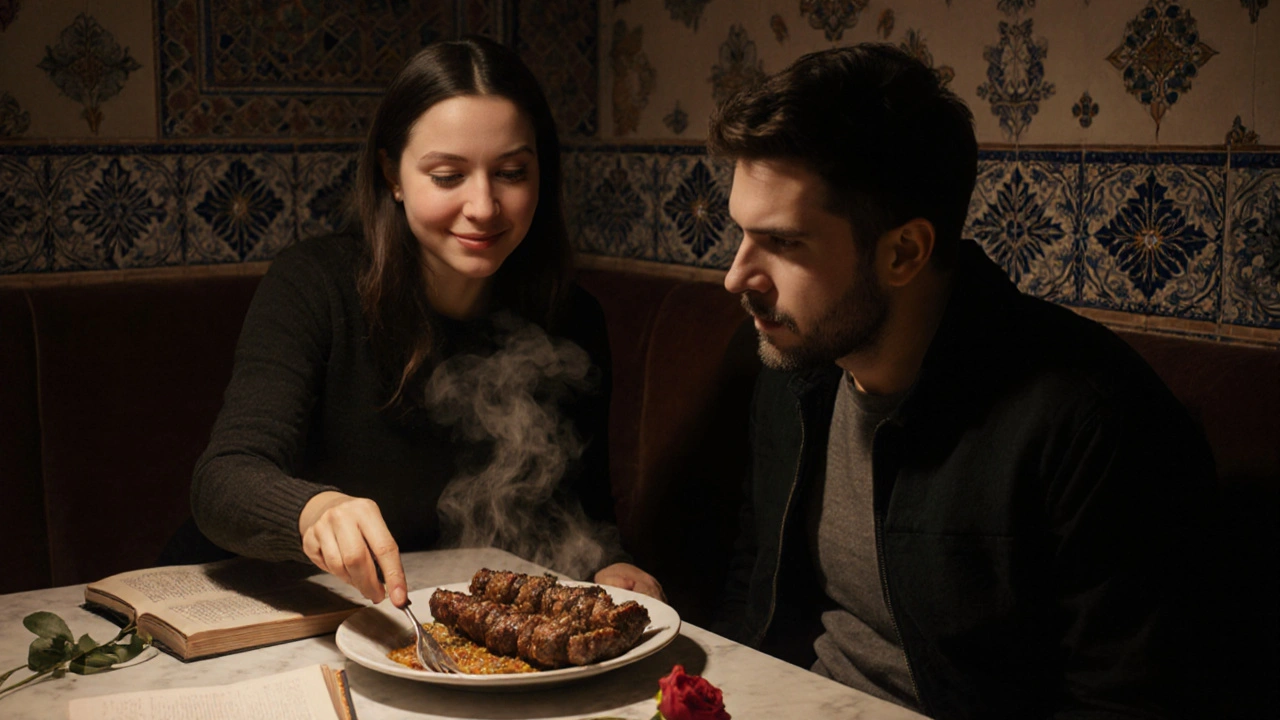 A woman serving kebabs in a cozy Istanbul restaurant, sharing a quiet moment with a traveler.