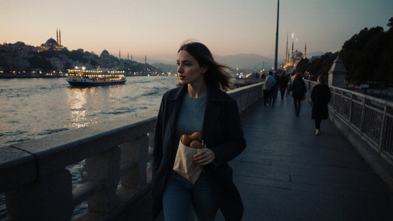 A woman walking along the Galata Bridge at dusk with the Bosphorus and city lights in the background.
