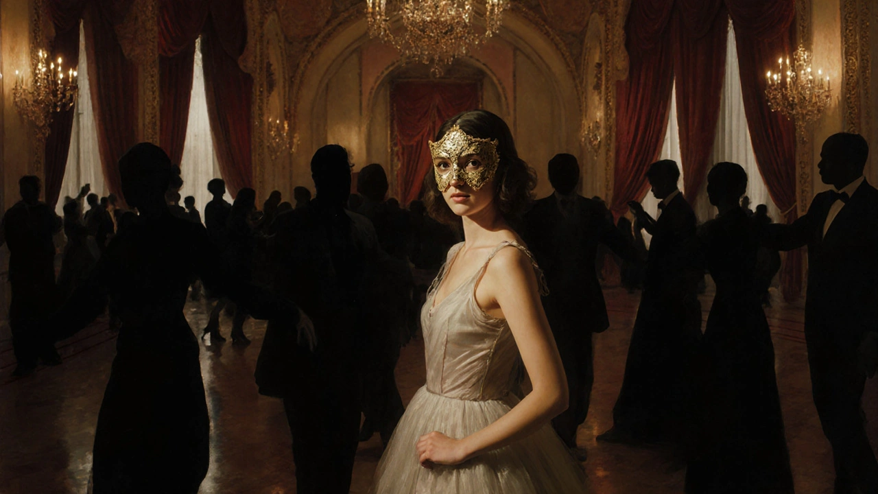 A young woman wears a centuries-old Venetian mask at a silent midnight ball, surrounded by faceless silhouettes.