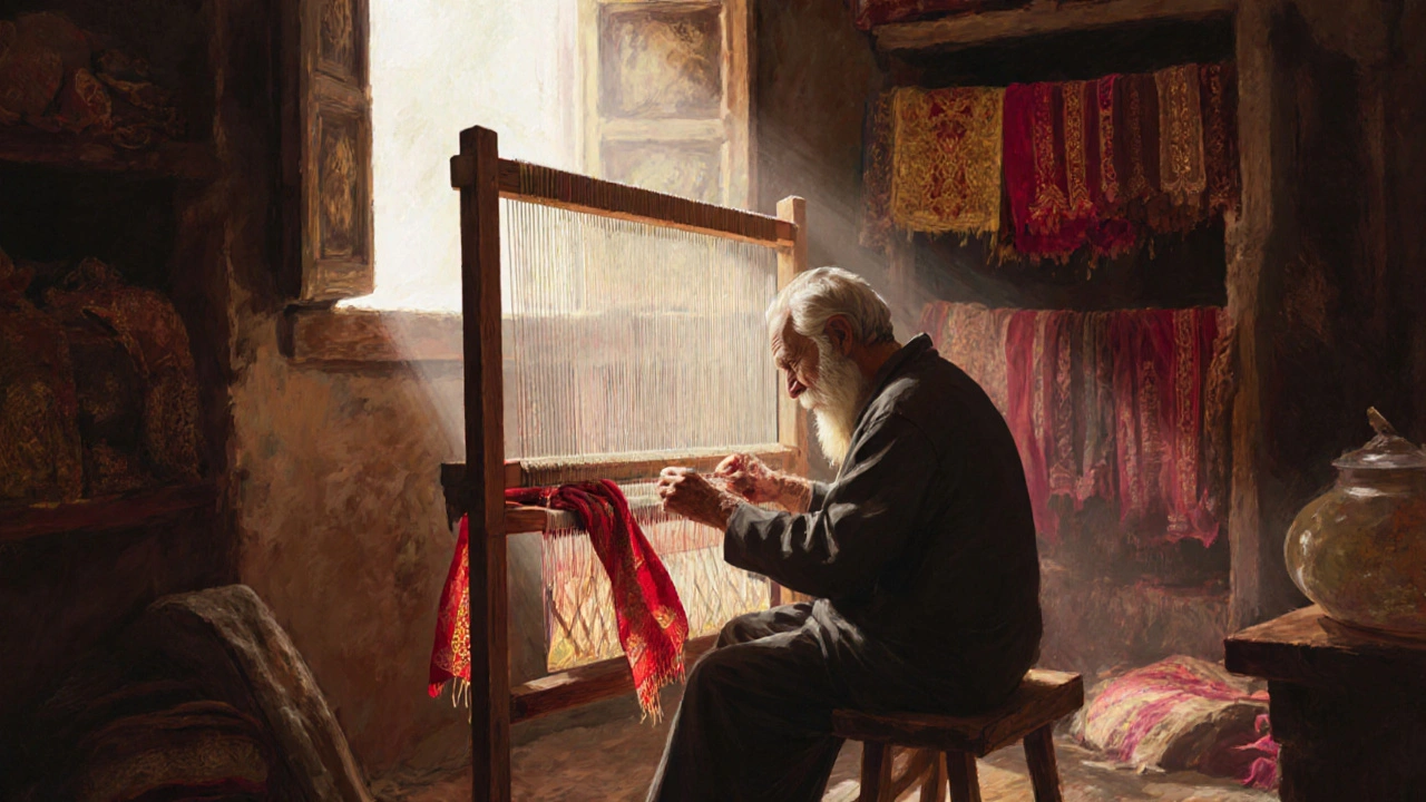 An elderly artisan weaves a silk scarf on a wooden loom in the quiet Arasta Bazaar, sunlight filtering through the window.