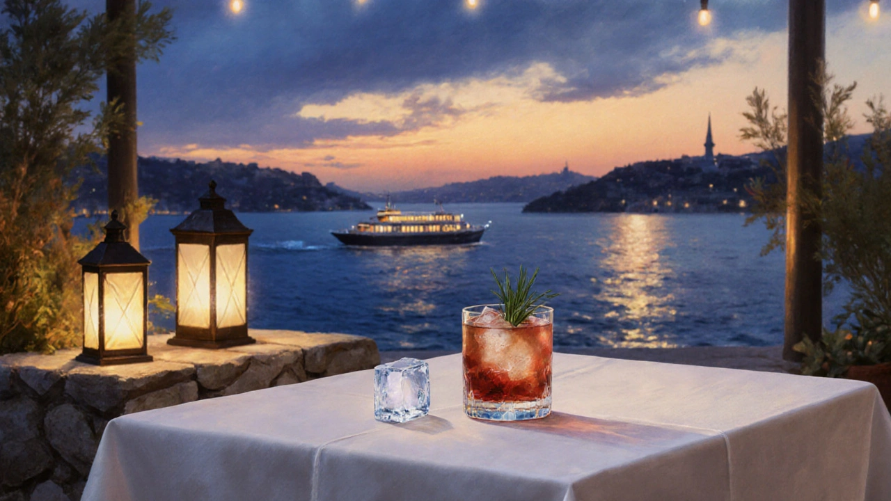 An elegant terrace by the Bosphorus at sunset, with lanterns glowing above a glass of negroni on a stone table.