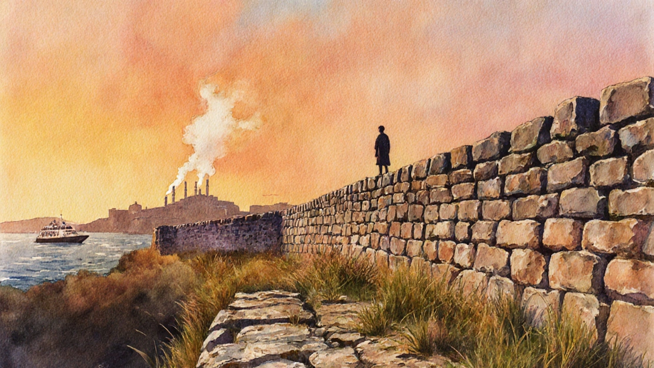 Ancient Theodosian Walls at sunset, wild grasses on stone ramparts, lone figure overlooking the city.