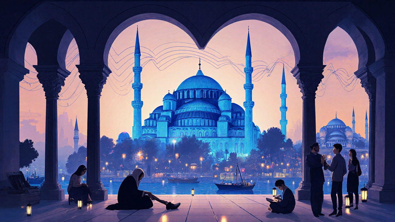 Blue Mosque at dusk, diverse people in quiet reflection, lanterns glowing, call to prayer echoing over Istanbul.