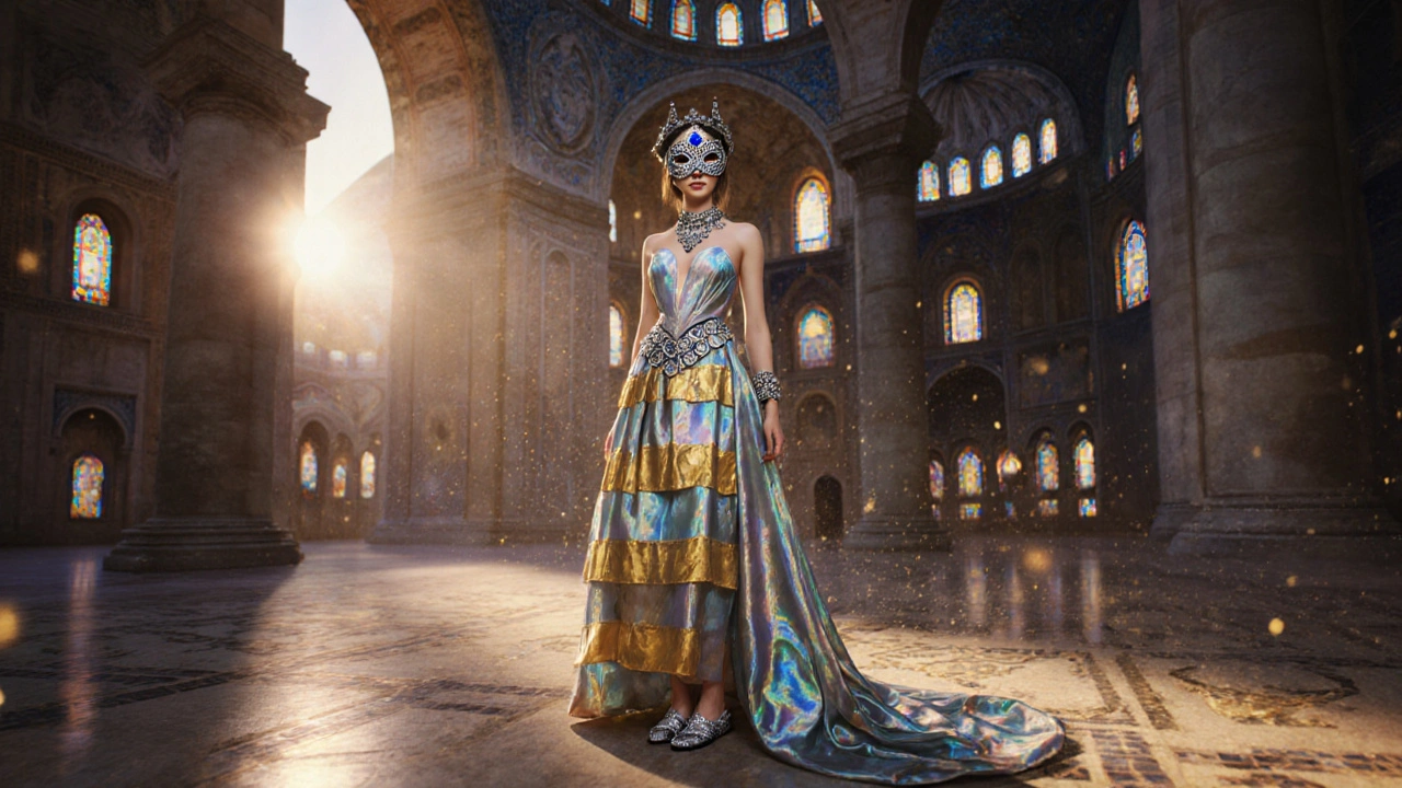 Byzantine-inspired figure in shimmering silk and gold lamé, wearing a lapis-studded halo mask inside Hagia Sophia.