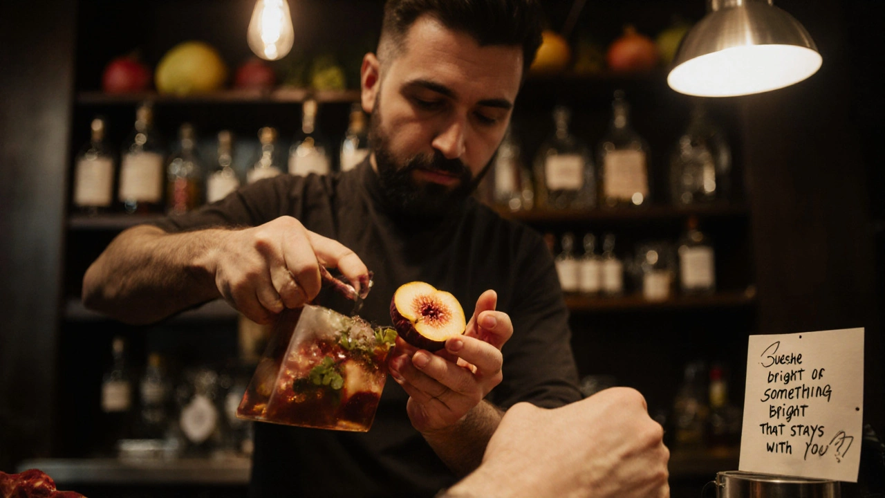 Close-up of hands muddling quince and herbs in a quiet bar, with obscure fruit bottles visible in the soft background.