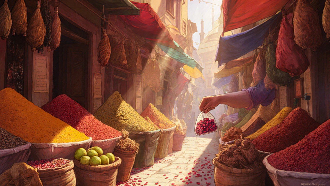 Colorful spice stalls in the Grand Bazaar with sumac, saffron, and rose petals, soft sunlight through fabric canopies.
