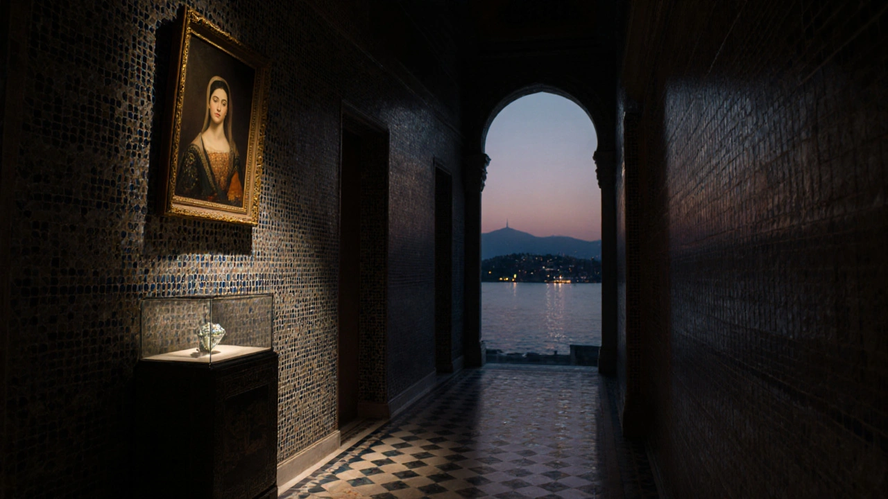 Dimly lit Harem corridor in Topkapi Palace with Hürrem Sultan&#039;s portrait and the Spoonmaker’s Diamond glowing in the treasury.