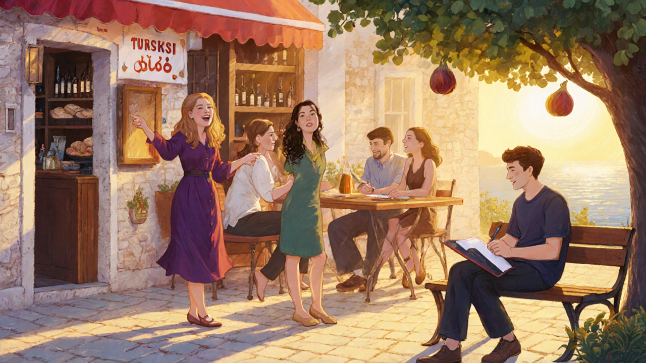 Diverse companions in Kadikoy share moments of connection at a jazz bar, bakery, and park under golden light.