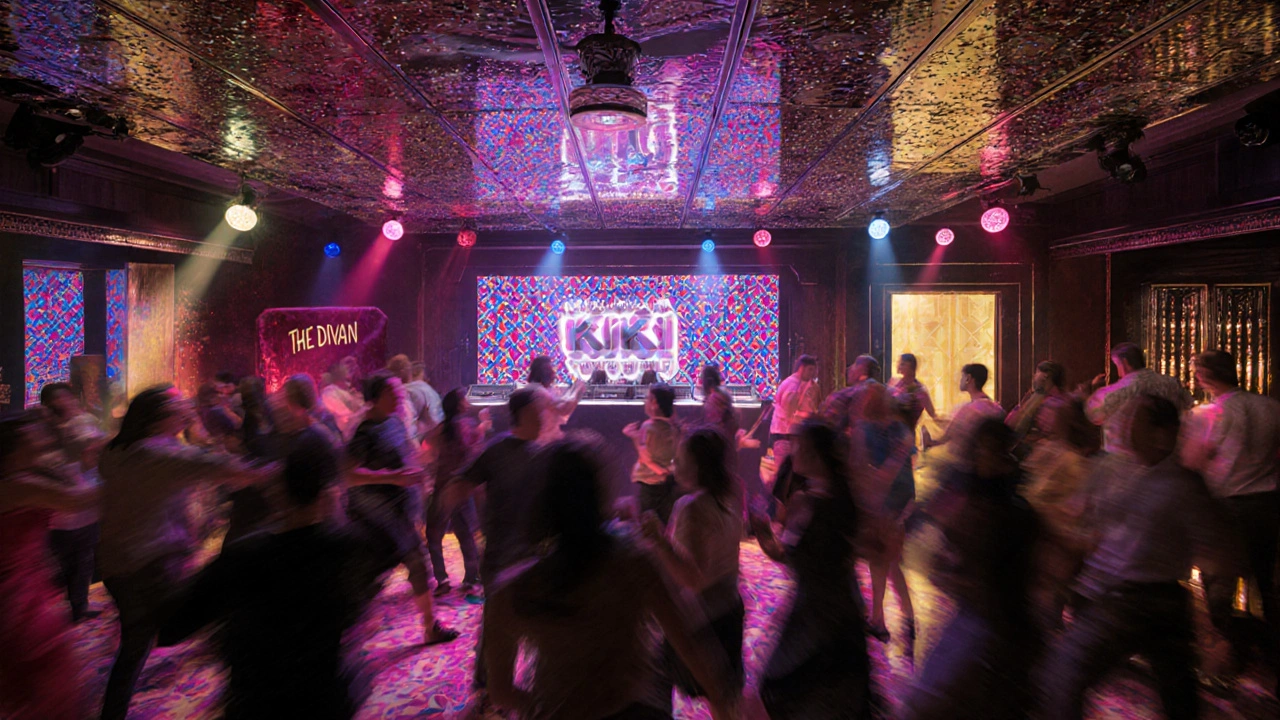 Diverse crowd dancing under mirrored ceiling with pulsing neon lights and Ottoman-style walls.