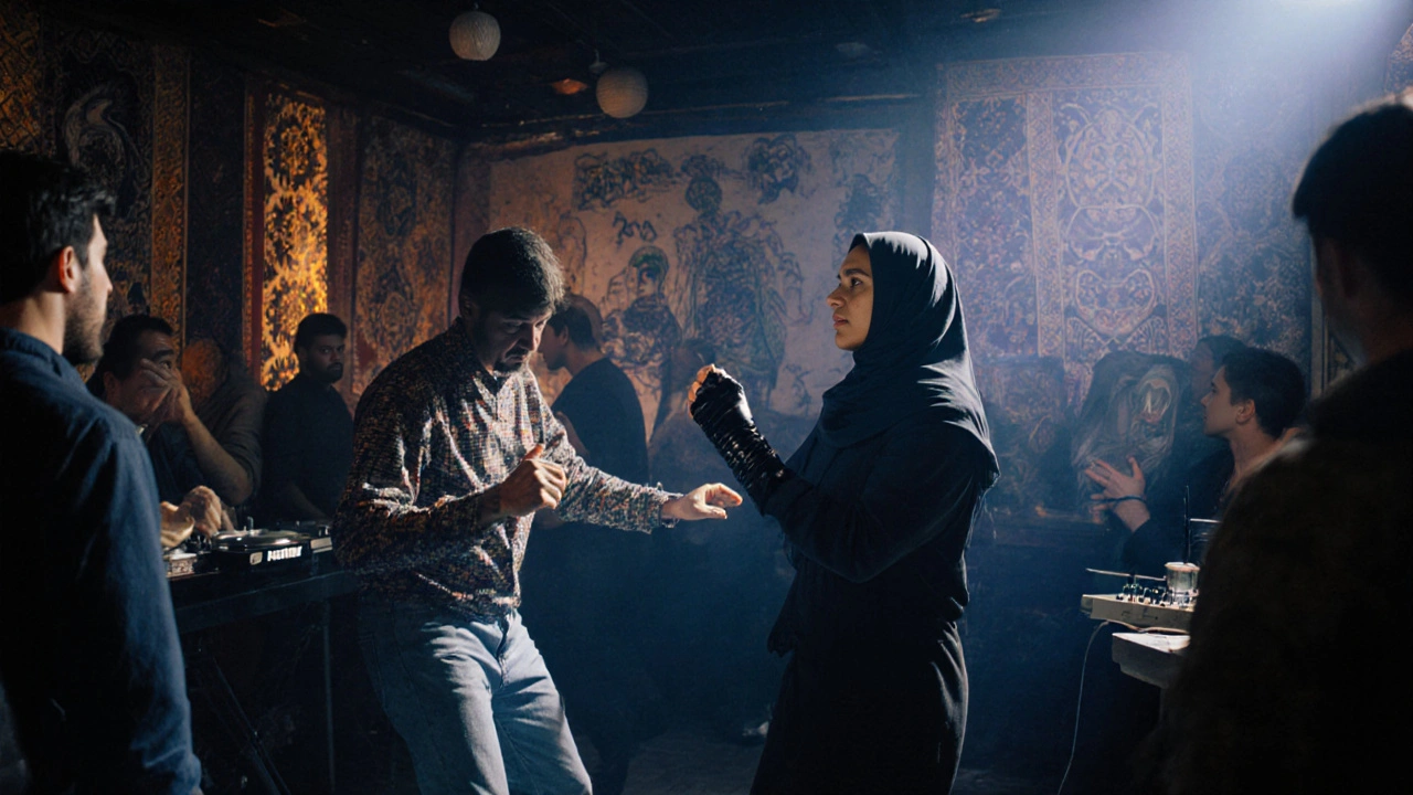 Diverse patrons dancing in a moody nightclub with art-covered walls and live music blending saz and synth.