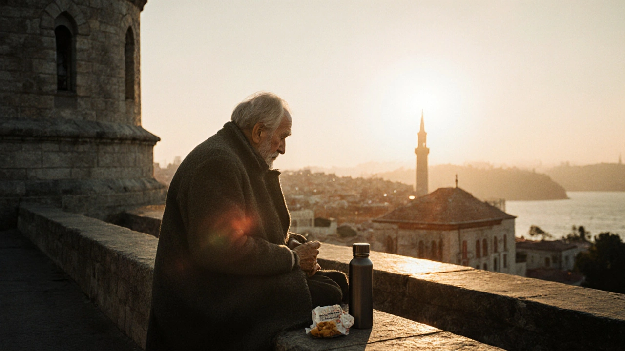 Elderly man sitting quietly on a stone bench at Galata Tower at dusk, thermos and çibörek wrapper nearby.