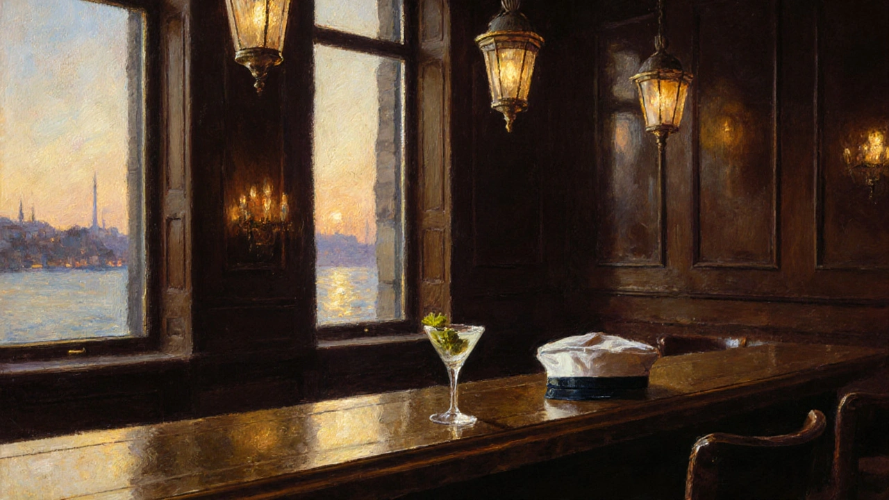 Elegant lounge with Bosphorus view, serving a mezze martini alongside traditional Turkish appetizers.