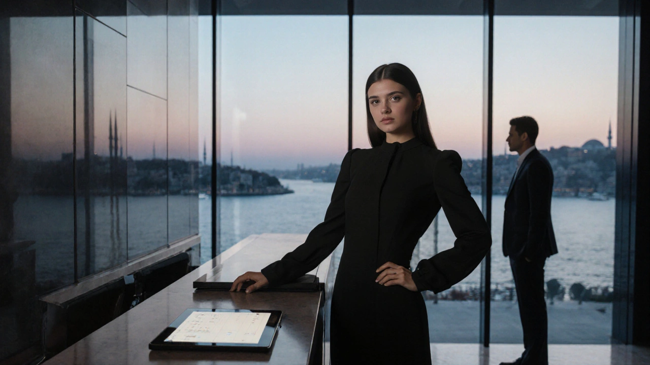 Elegant woman in a luxury hotel lobby beside a digital booking tablet.
