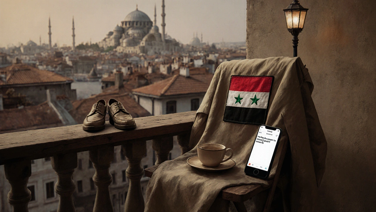 Empty balcony with a teacup, shoes, and a coat with a Syrian patch, hinting at connection.