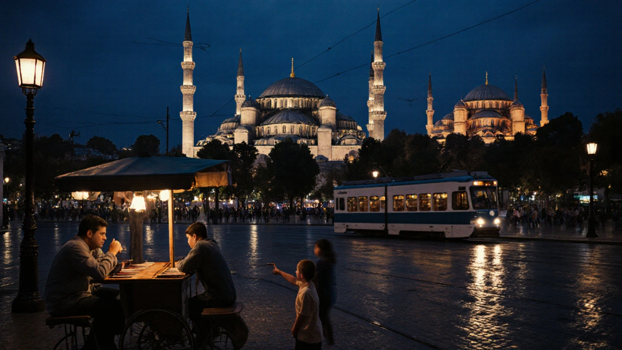 Evening in Sultanahmet Square with lit minarets, locals playing backgammon, and a tram passing by.