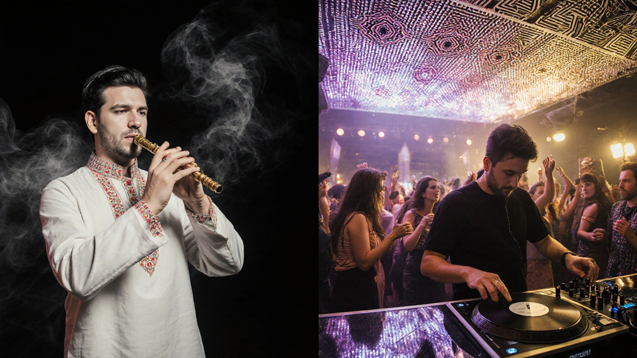 Fusion of traditional Turkish ney flute and modern techno beats in a vibrant nightclub crowd.