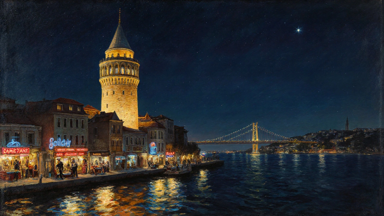 Galata Tower at night, golden-lit, reflecting on water, with Karaköy streets and jazz music visible in windows.
