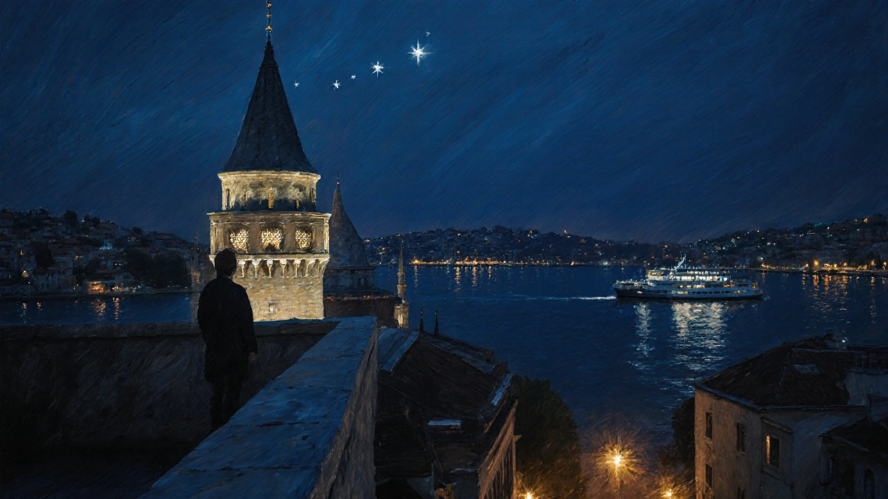 Galata Tower lit at twilight, deep blue sky with first stars above minarets, shimmering ferry lights on the water.