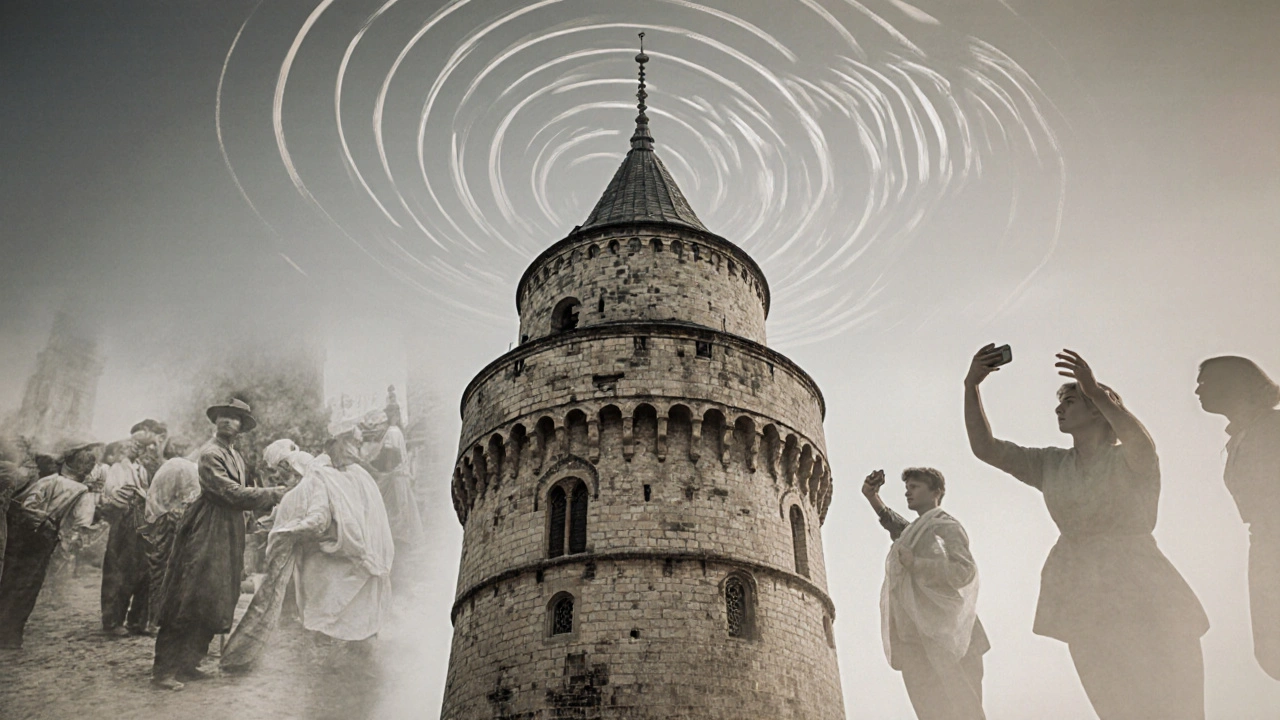 Galata Tower with translucent historical scenes overlaid—merchants, sentinels, radio waves, and tourists—all blending into its stone form.
