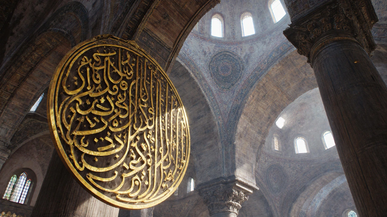 Giant Ottoman calligraphy disk hanging inside Hagia Sophia, glowing with gold leaf against dark wood.