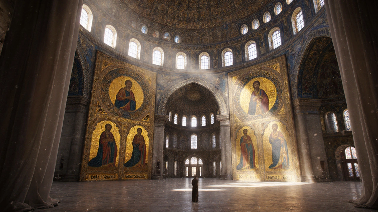 Hagia Sophia’s golden mosaics illuminated by noon sunlight, with Ottoman calligraphy panels and a vast dome overhead.