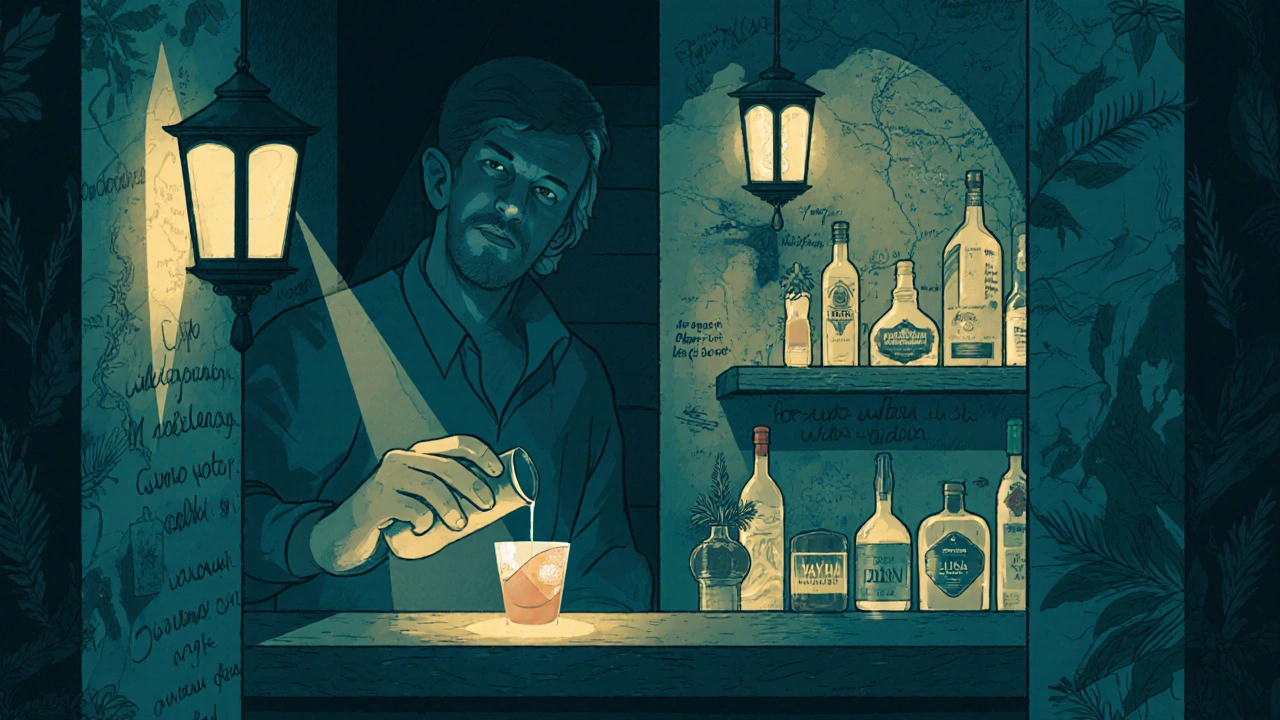 Hidden basement bar with rare Turkish spirits, lit by lanterns, pouring a herbal negroni in ceramic cup.