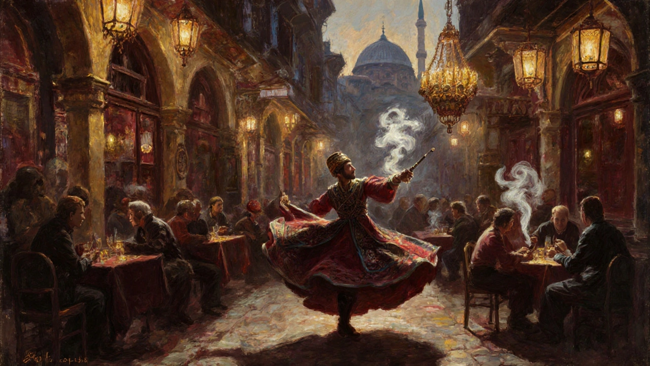 Historic arcade at dawn with a dancer spinning under lantern light as patrons sip rakı.