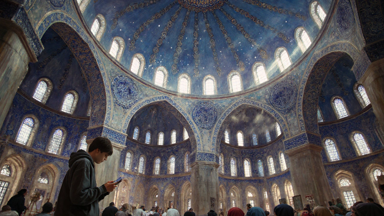 Interior of Blue Mosque with floating dome, worshippers kneeling, and sunlight illuminating intricate tiles.