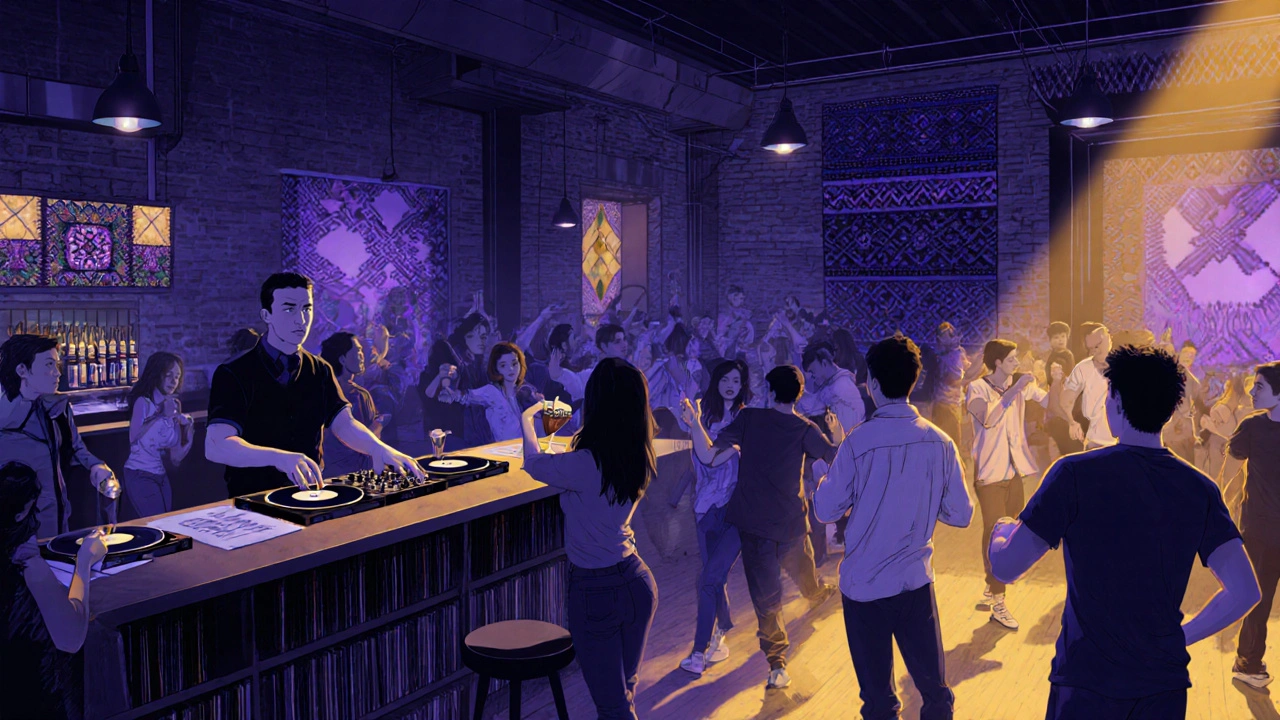 Interior of Flekk Nightclub with diverse crowd dancing under shifting colored lights and Turkish kilim decor.