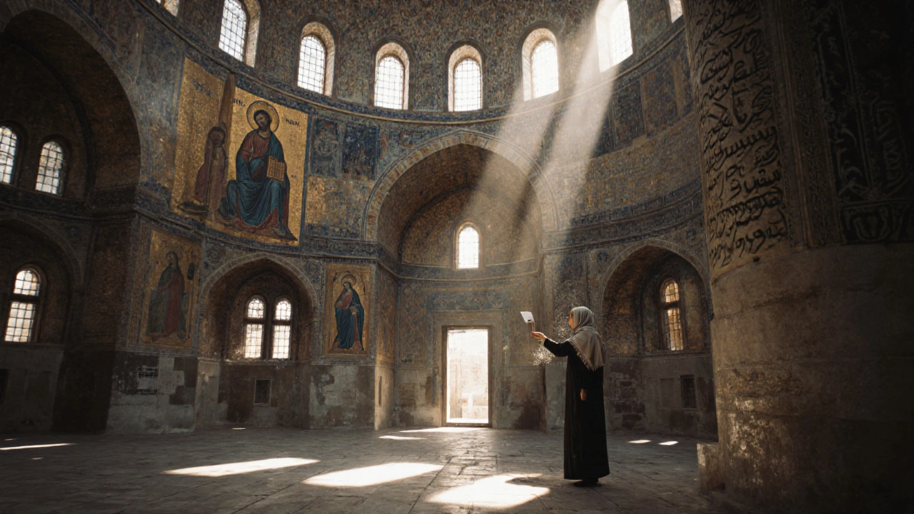 Interior of Hagia Sophia with glowing mosaics and a woman placing a note near the imperial door.