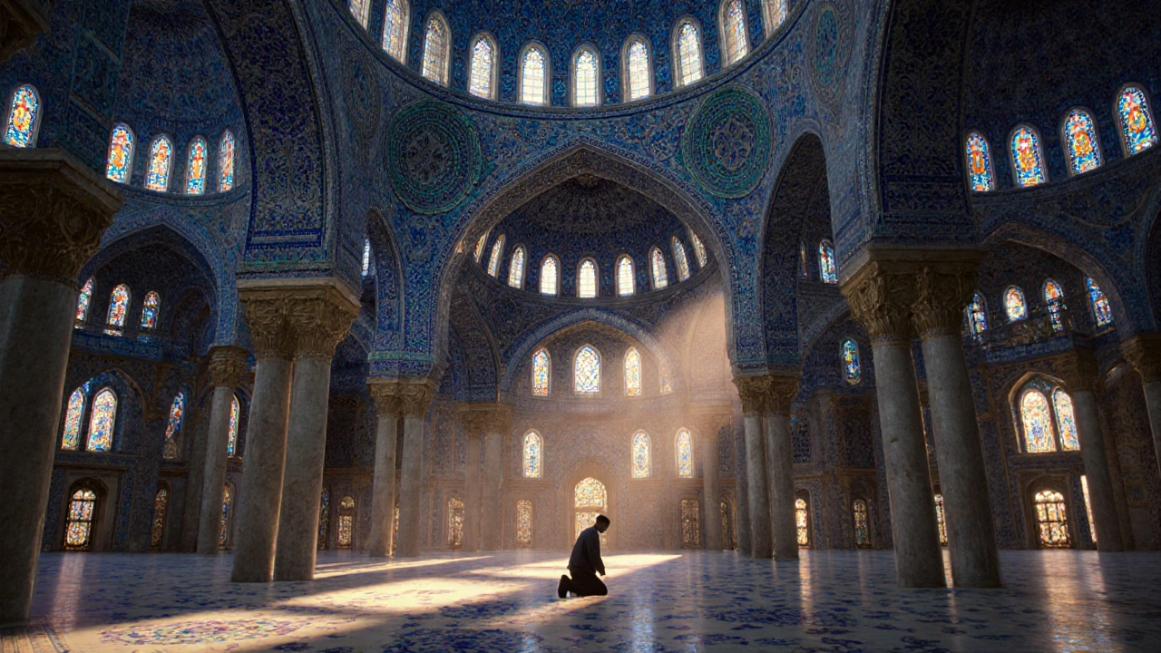 Interior of the Blue Mosque at dusk, illuminated by sunlight on intricate İznik tiles, a solitary worshipper in quiet prayer.