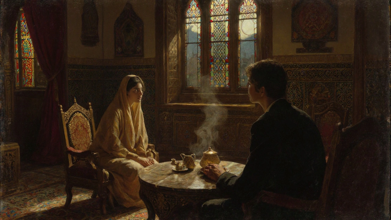 Intimate tea conversation in an Ottoman mansion with ornate tiles and moonlit stained glass.