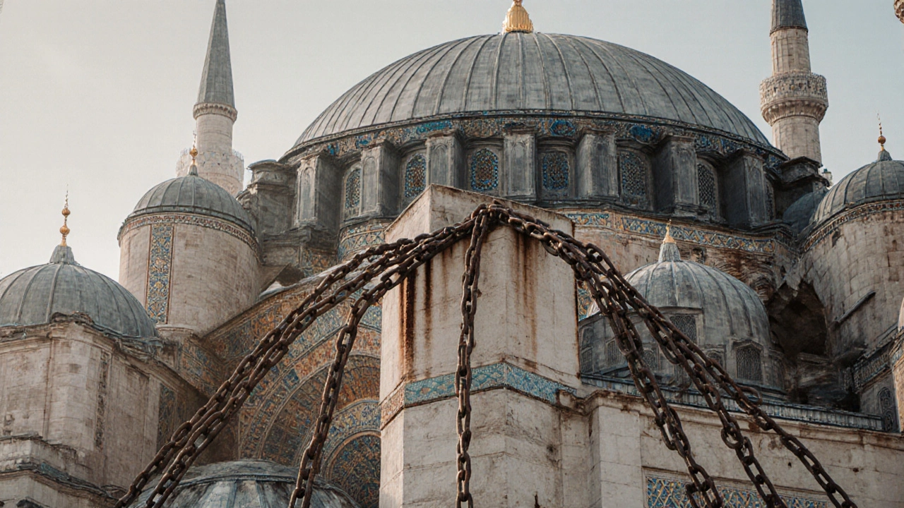 Iron chains encircling the base of Hagia Sophia&#039;s dome, symbolizing centuries of structural and spiritual support.
