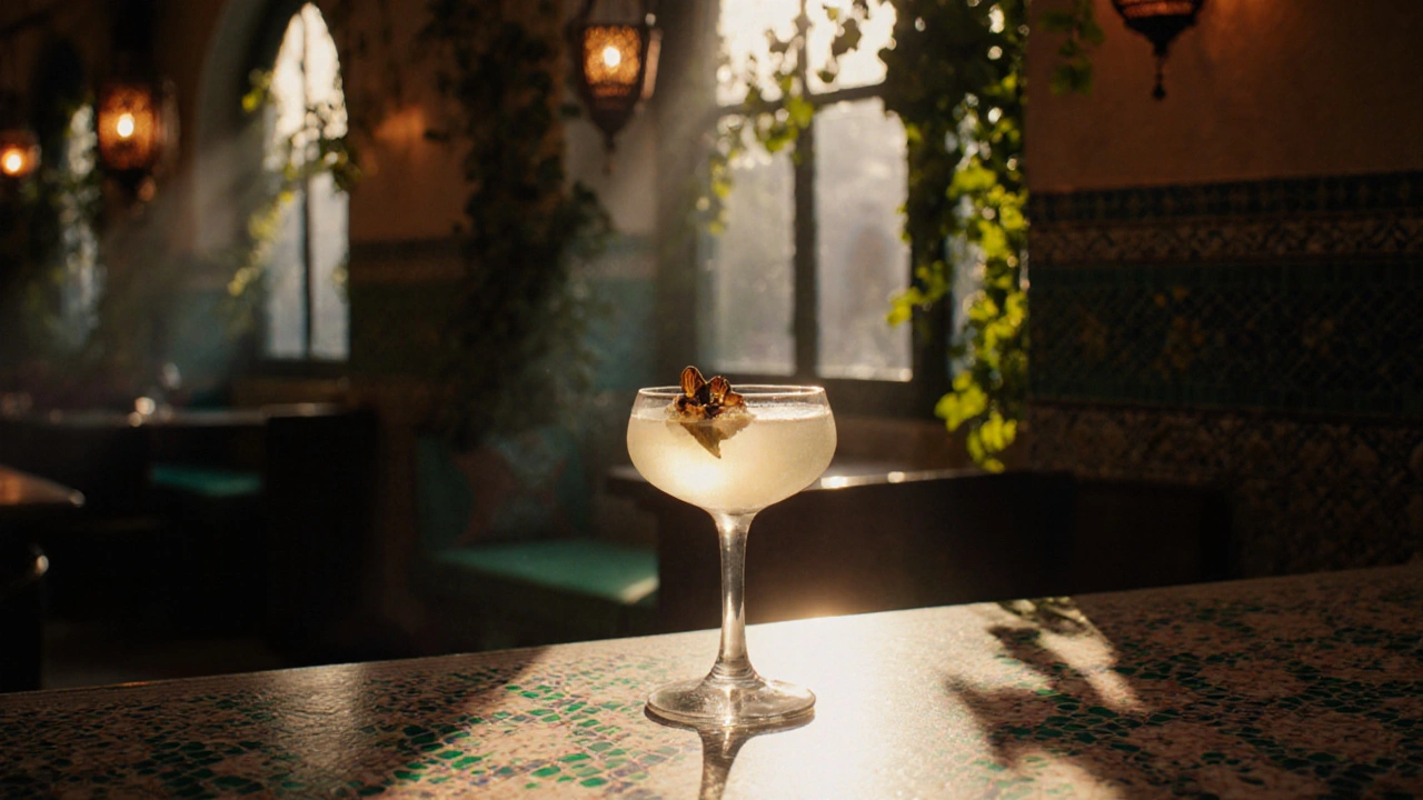 Jasmine-infused cocktail with dried blossom floating in a glass, surrounded by Ottoman arcade lanterns and hanging vines at Leb-i Derya.