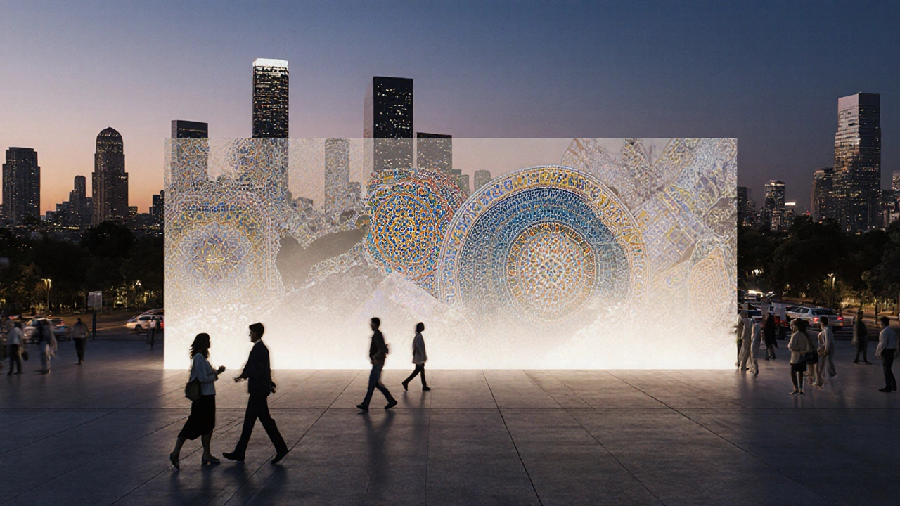 LACMA&#039;s Urban Light installation at dusk, with translucent Ottoman tile patterns blending into the city skyline.