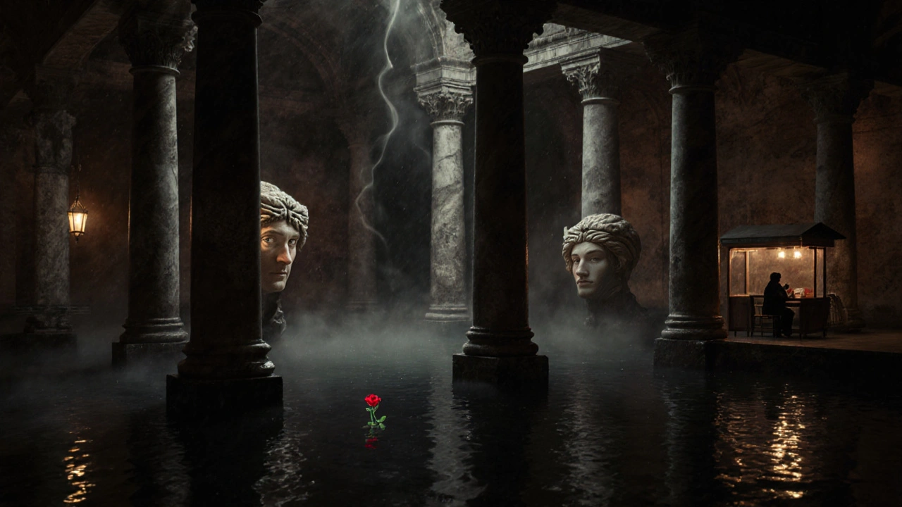 Misty underground Basilica Cistern with glowing Medusa heads and a floating red rose.