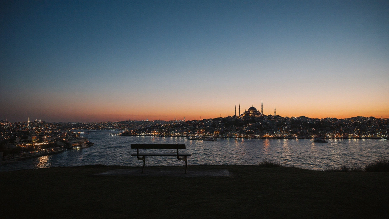 Panoramic view of Istanbul from Çamlıca Hill at dusk, Bosphorus shining, minarets silhouetted, city lights twinkling.