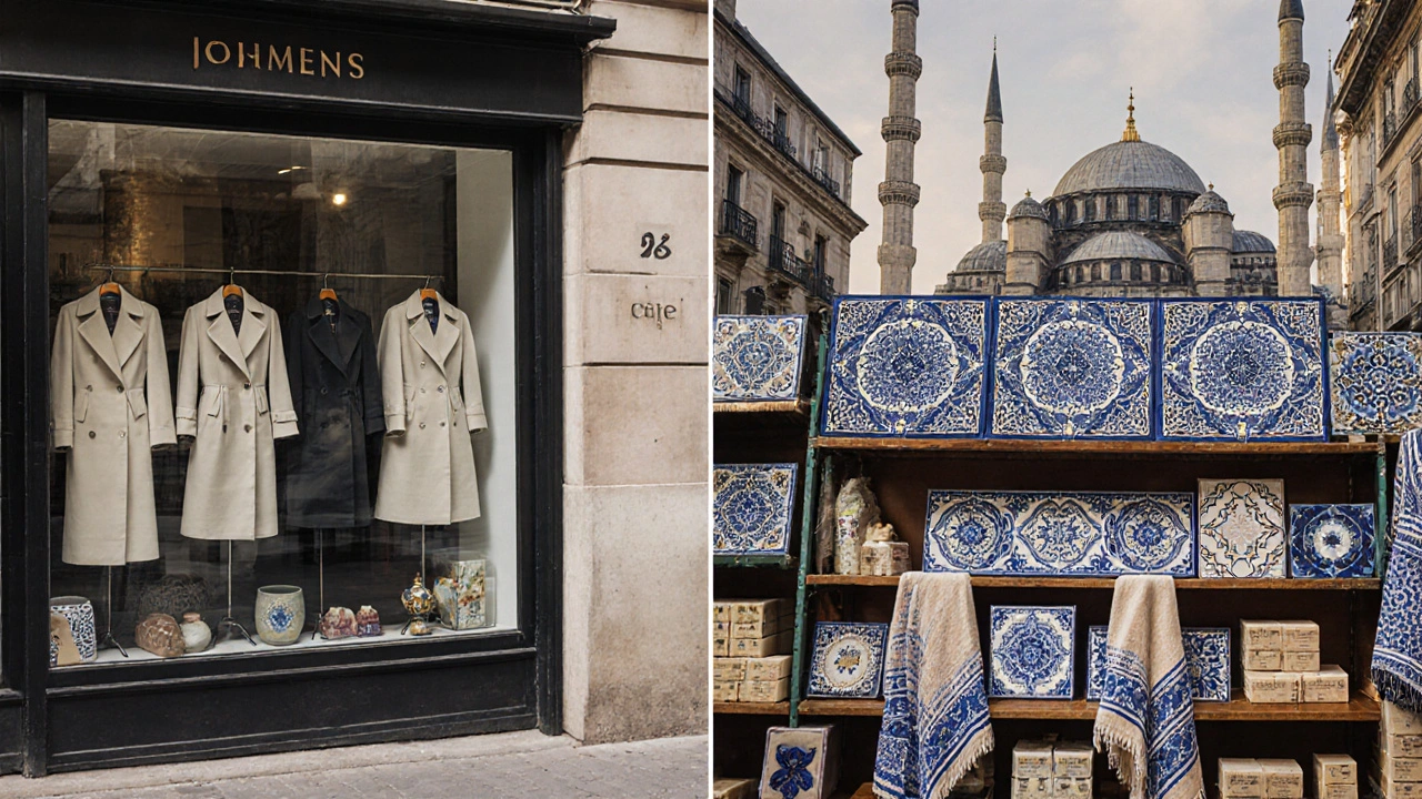 Paris boutique and Arasta Bazaar side by side, both showcasing curated handmade ceramics, scarves, and textiles.