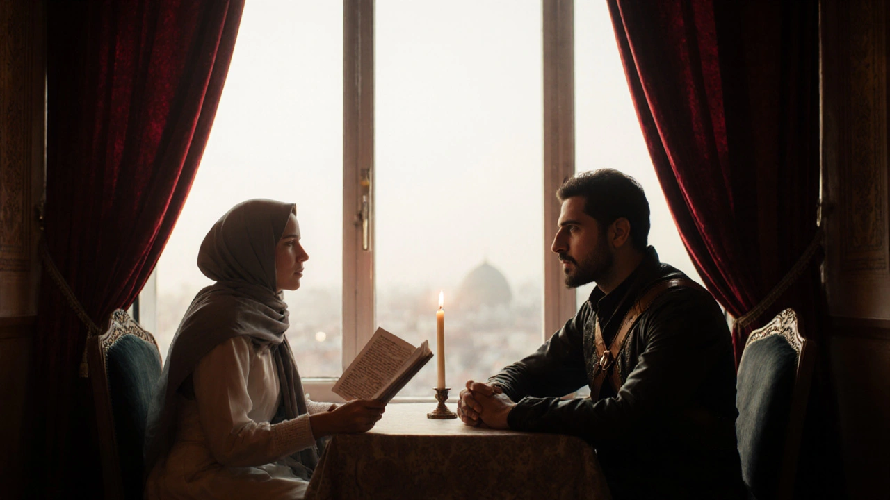 Quiet hidden room with velvet curtains, a poet reading, and two guests in silent harmony.